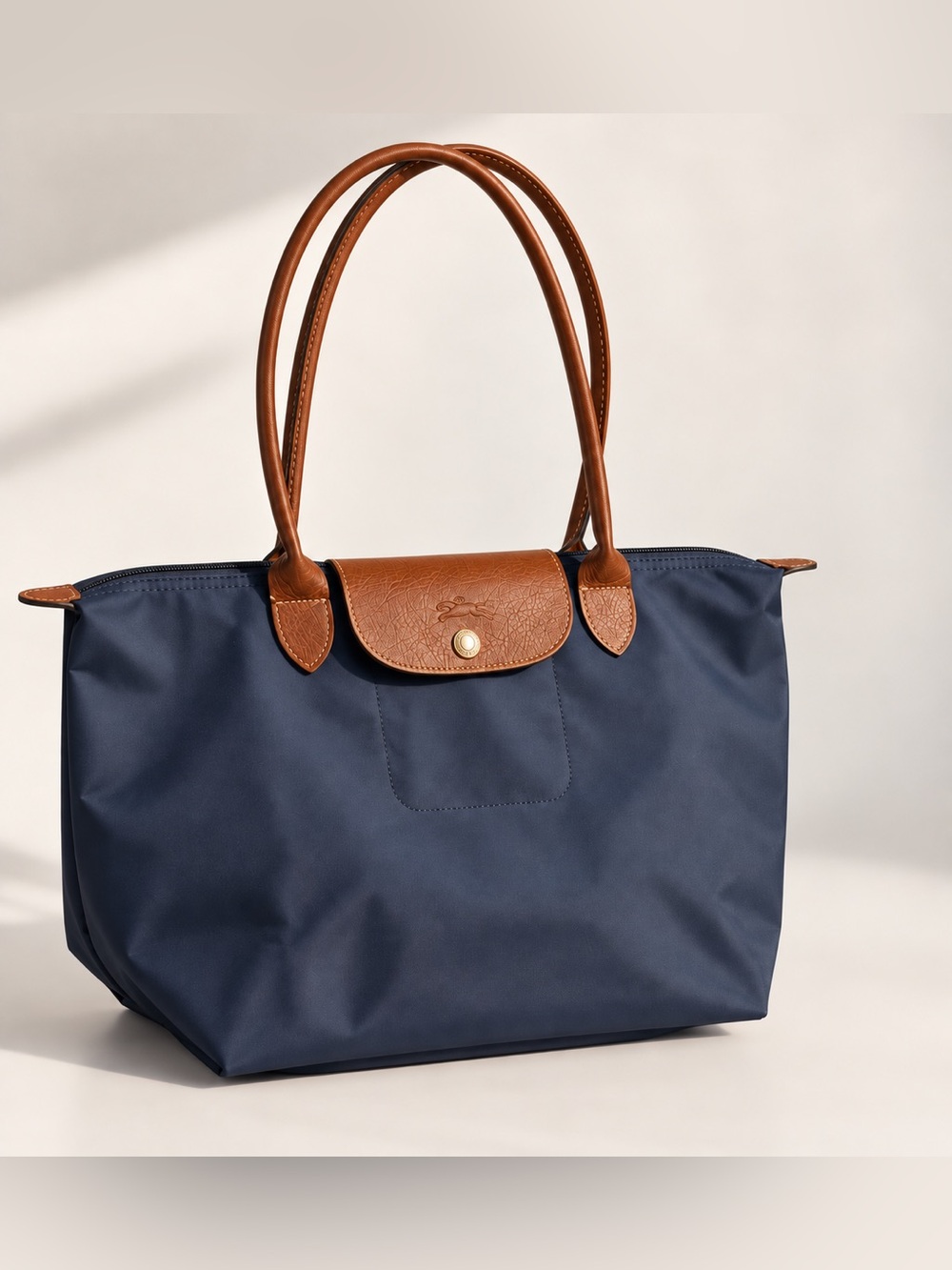 Longchamp Le Pliage Navy Large Long Handle Tote Brown Leather